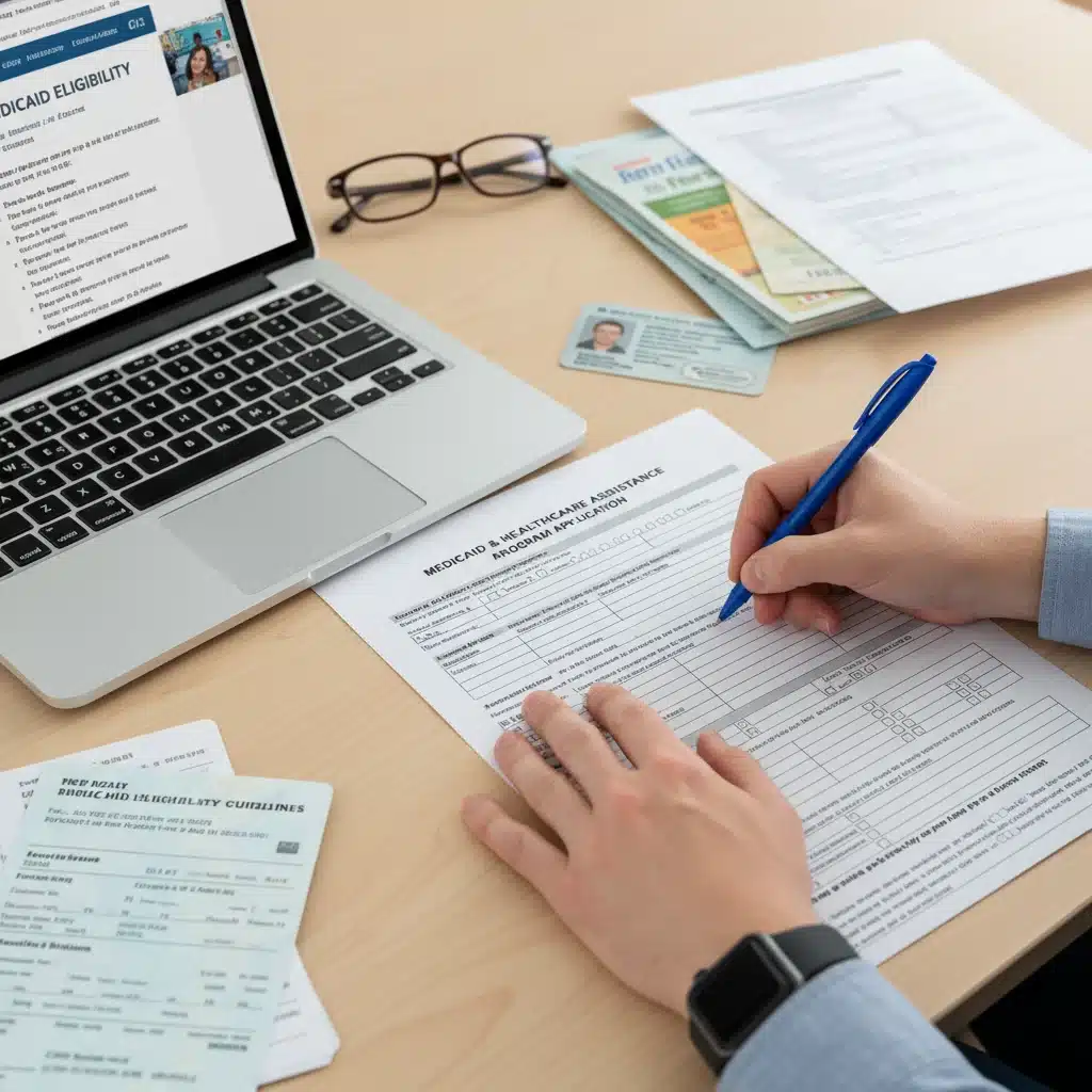 Hands filling out a Medicaid application form, emphasizing eligibility requirements and enrollment.