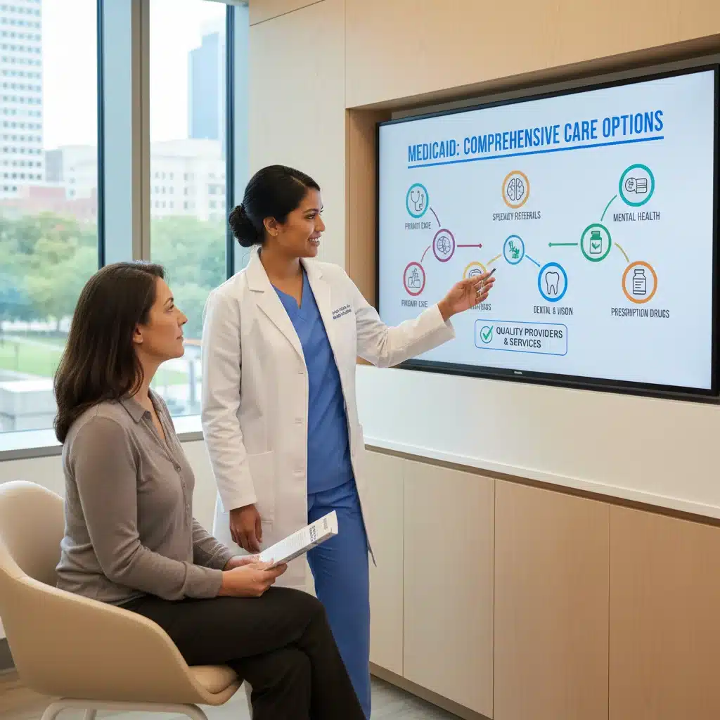 Healthcare professional consulting with a patient, illustrating the breadth of Medicaid services.