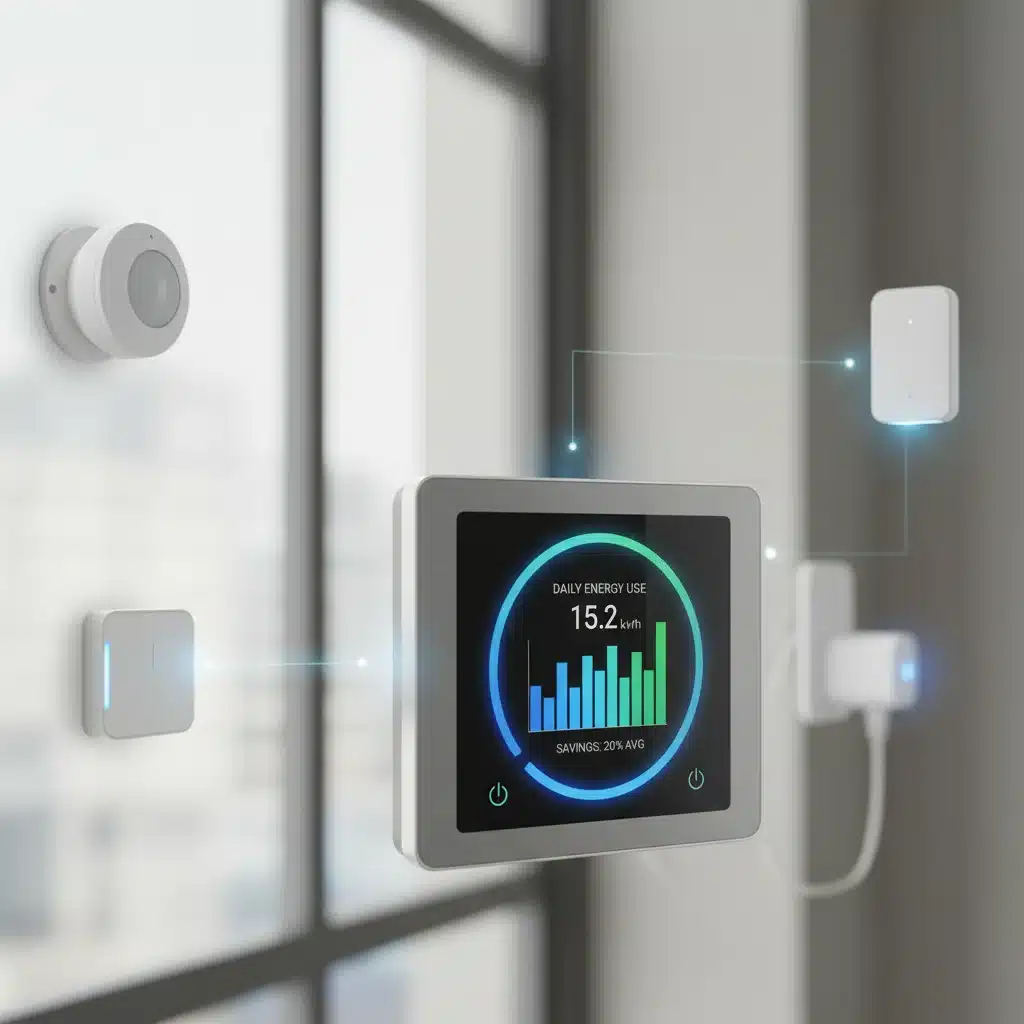 Smart thermostat showing energy efficiency data in a connected home.