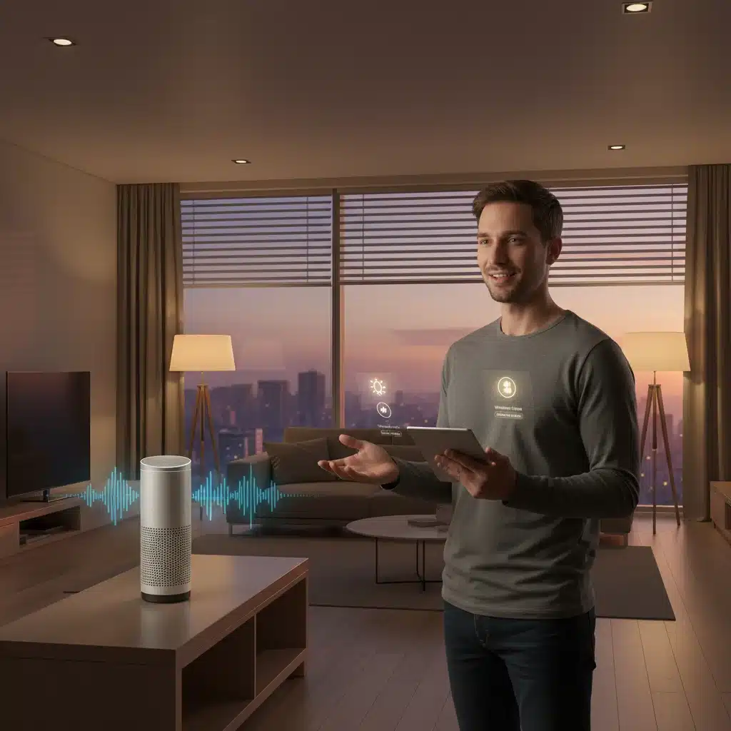 Person using voice commands with a smart speaker to control home devices.
