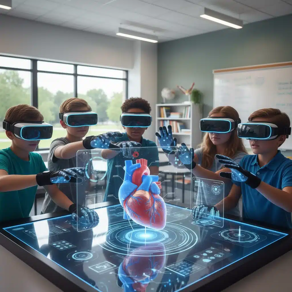 Middle school students collaborating with virtual reality educational tools.