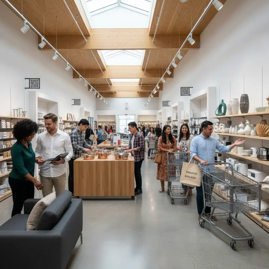 Consumers actively shopping for various home goods in a modern retail environment, demonstrating increased spending.