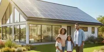 Family in front of energy-efficient home with solar panels