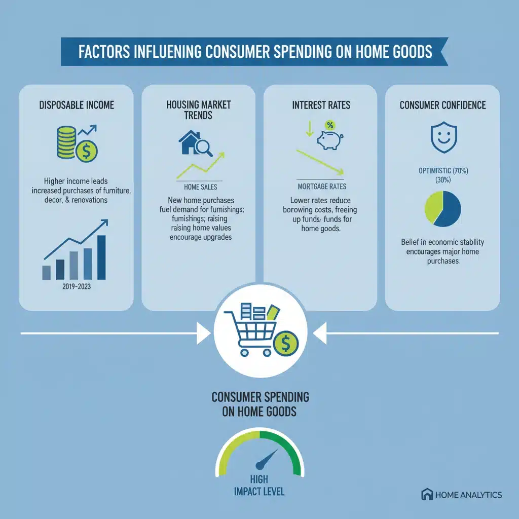 Infographic detailing factors influencing consumer spending on home goods, including income, housing, and confidence.