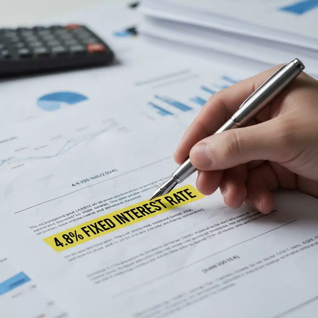 Hand pointing to a 4.8% fixed interest rate on a financial document