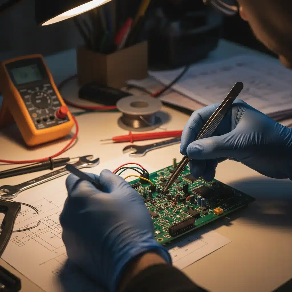 Technician hands assembling electronic components during vocational training.