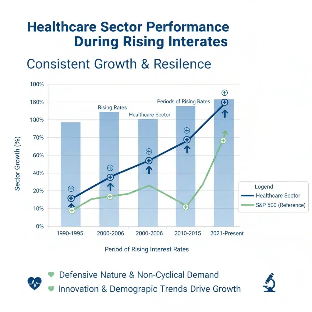 Healthcare sector performance chart during rising interest rates, showing stability and growth.