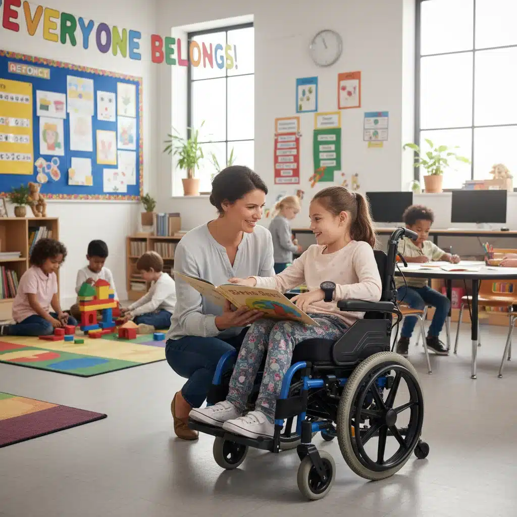 Inclusive classroom setting with a child with a disability and a supportive teacher