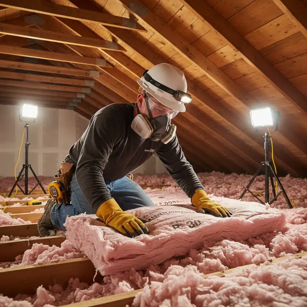 Contractor installing insulation in home attic