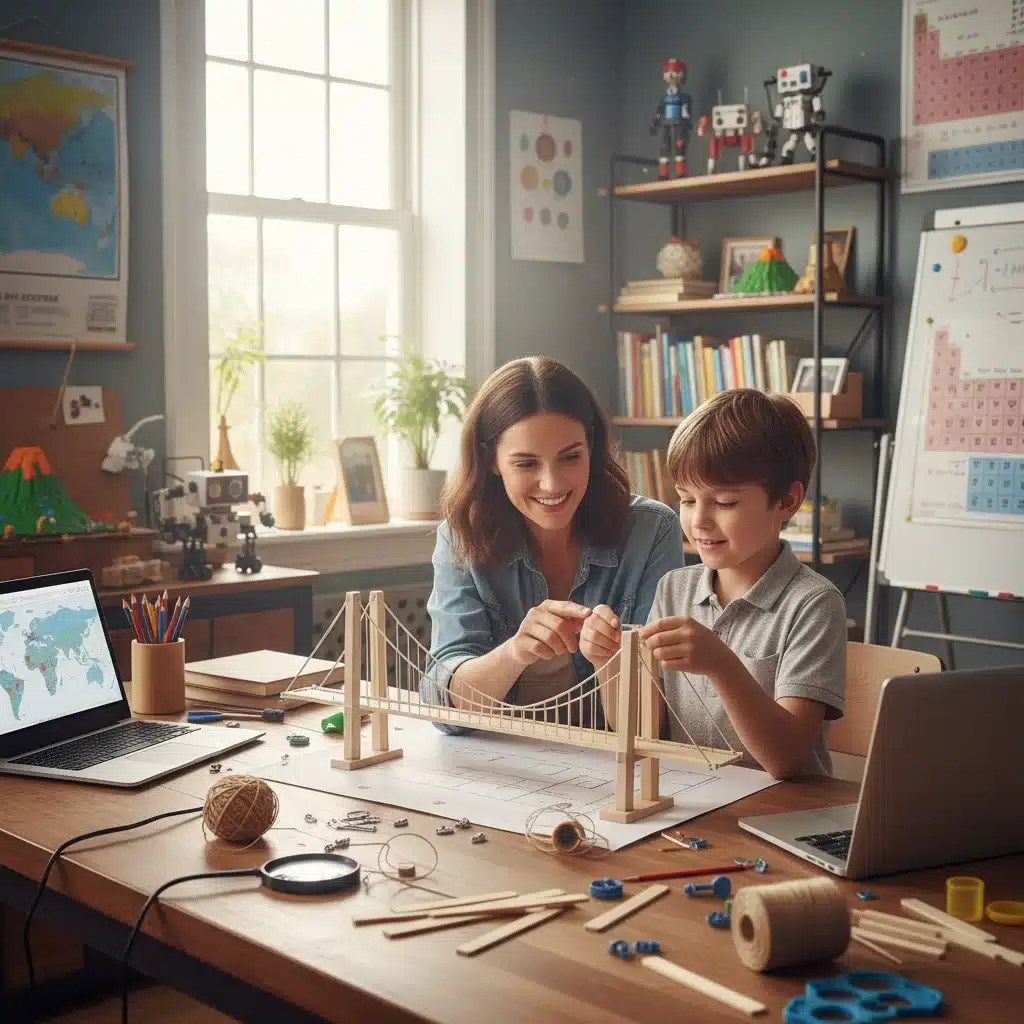 Parent and child engaged in a hands-on, project-based learning activity, demonstrating active homeschooling.
