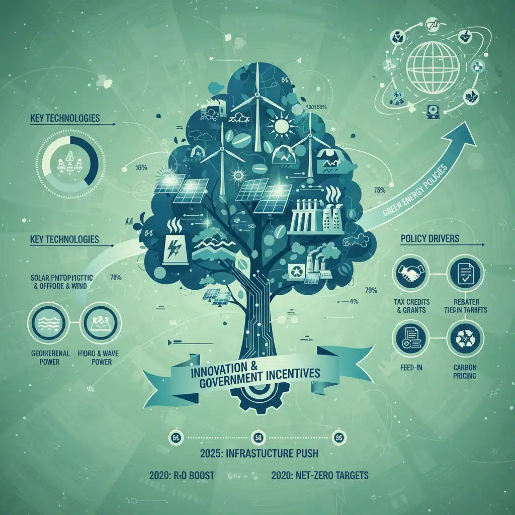 Infographic of renewable energy technologies and green policies driving sector growth.