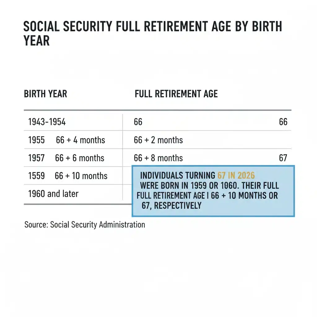 Infographic showing Social Security full retirement ages and 2026 age 67 cohort