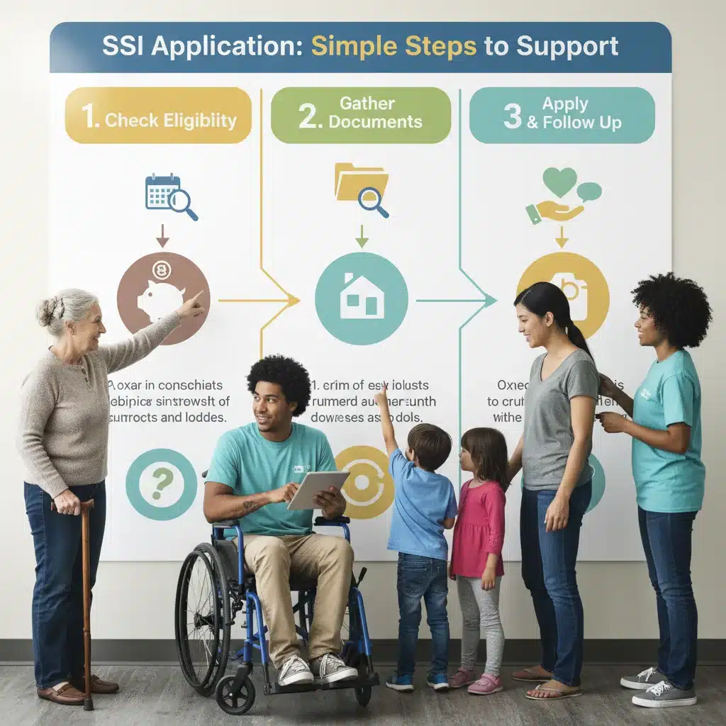 Diverse group understanding SSI application process through a clear infographic.