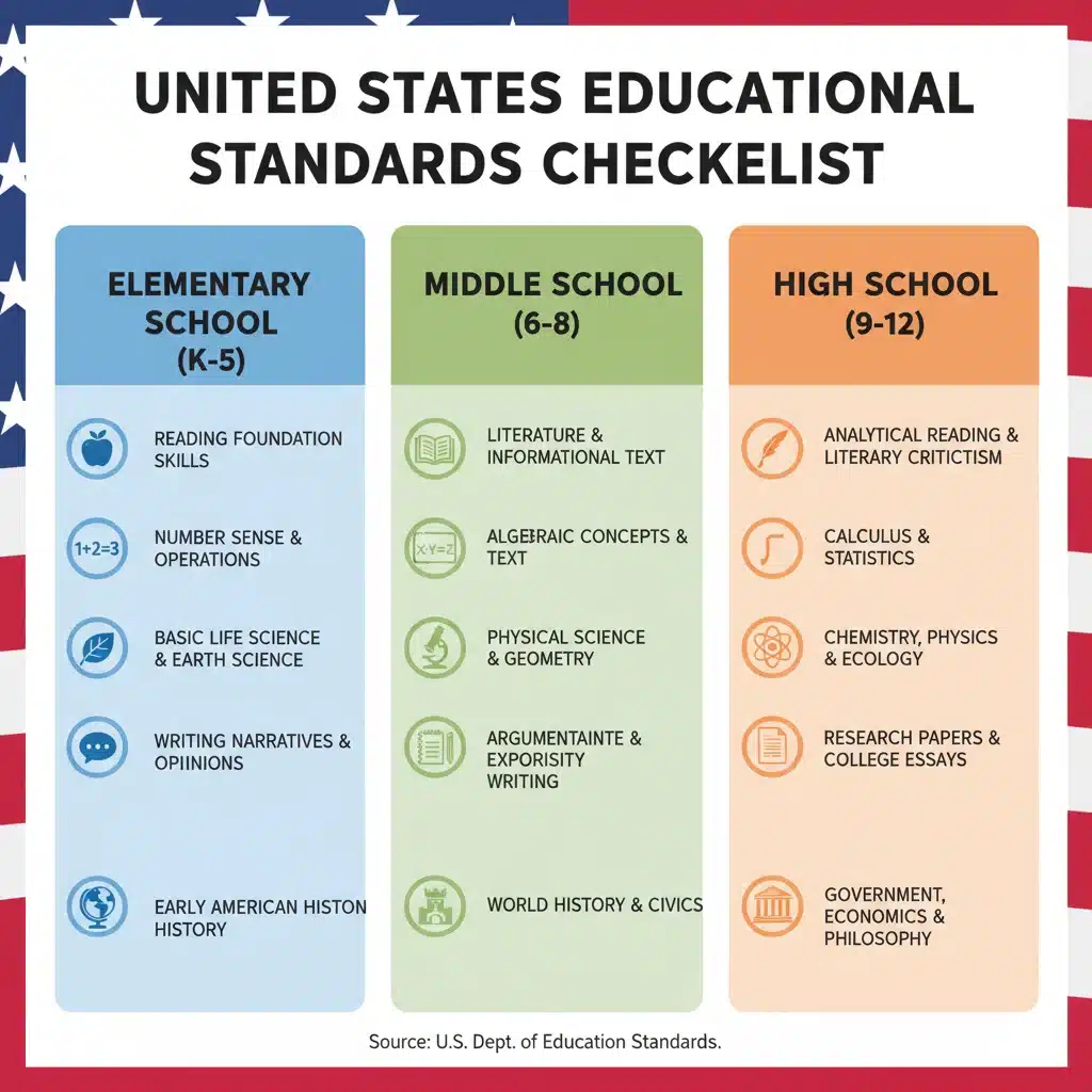 Infographic detailing United States educational standards for homeschooling across different subjects and grade levels.