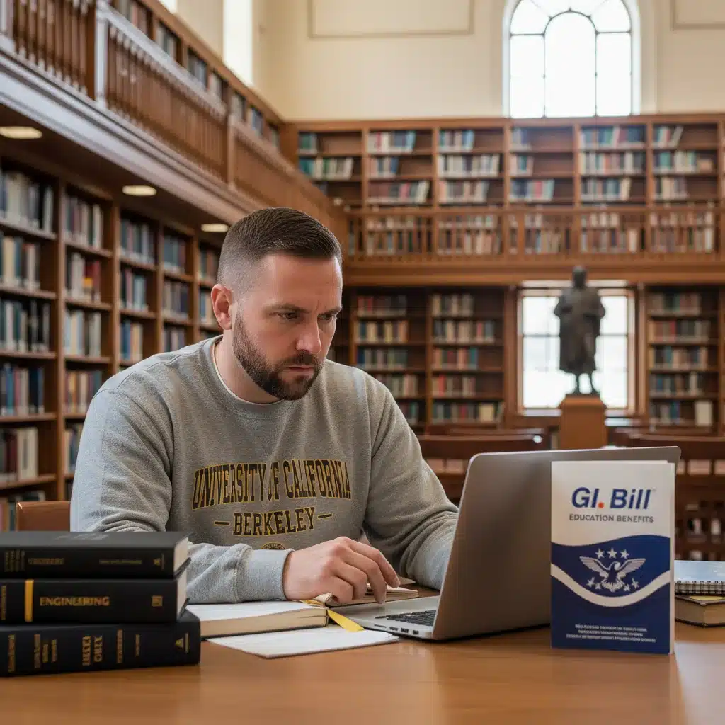 Veteran student studying in a library, utilizing GI Bill benefits for higher education.