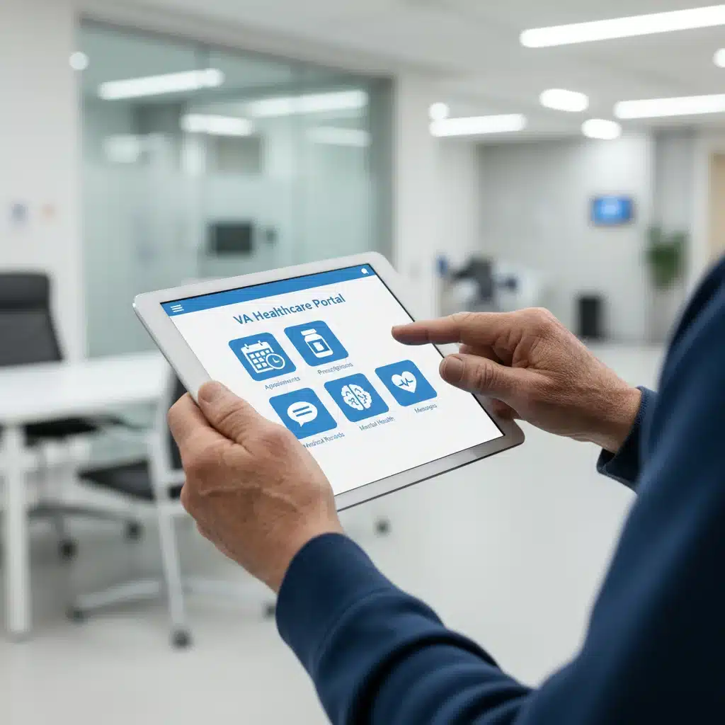 Veteran using a tablet to access the VA healthcare portal for medical services and appointments.