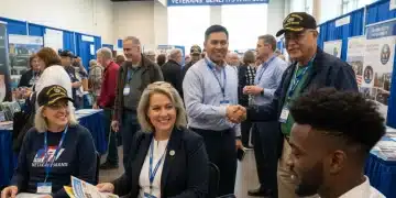 Veterans engaging with VA staff at a benefits fair, learning about 2026 healthcare and education updates.