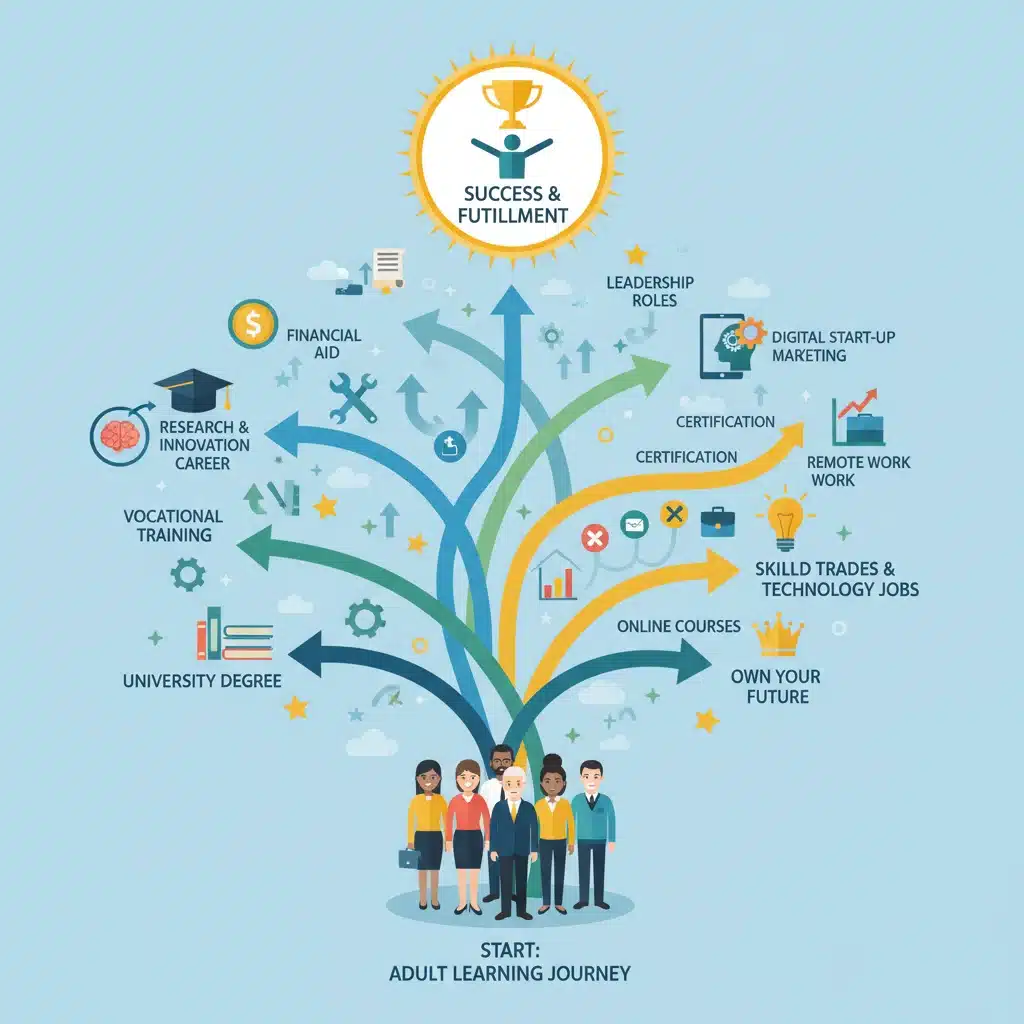 Illustration showing diverse pathways to success for adult learners through education and financial aid.