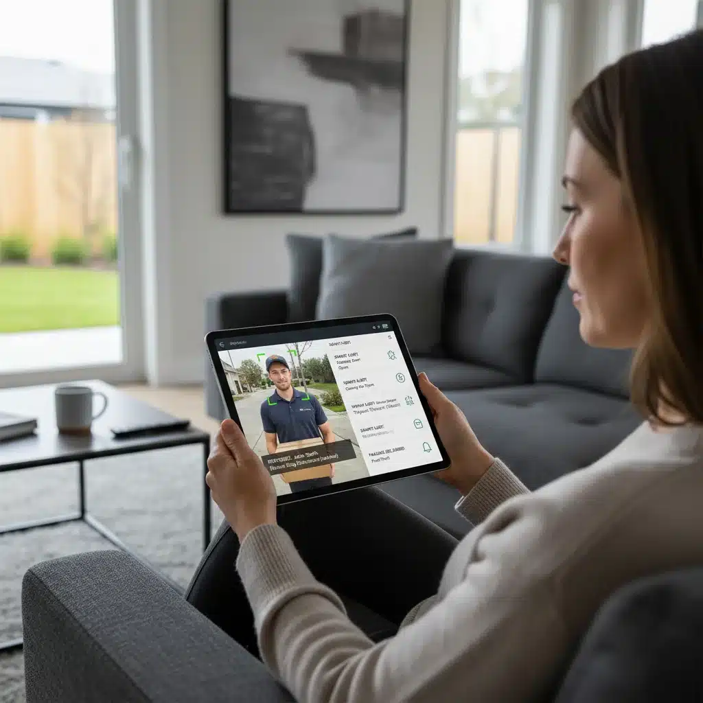 Homeowner checking AI security camera feed on tablet with facial recognition