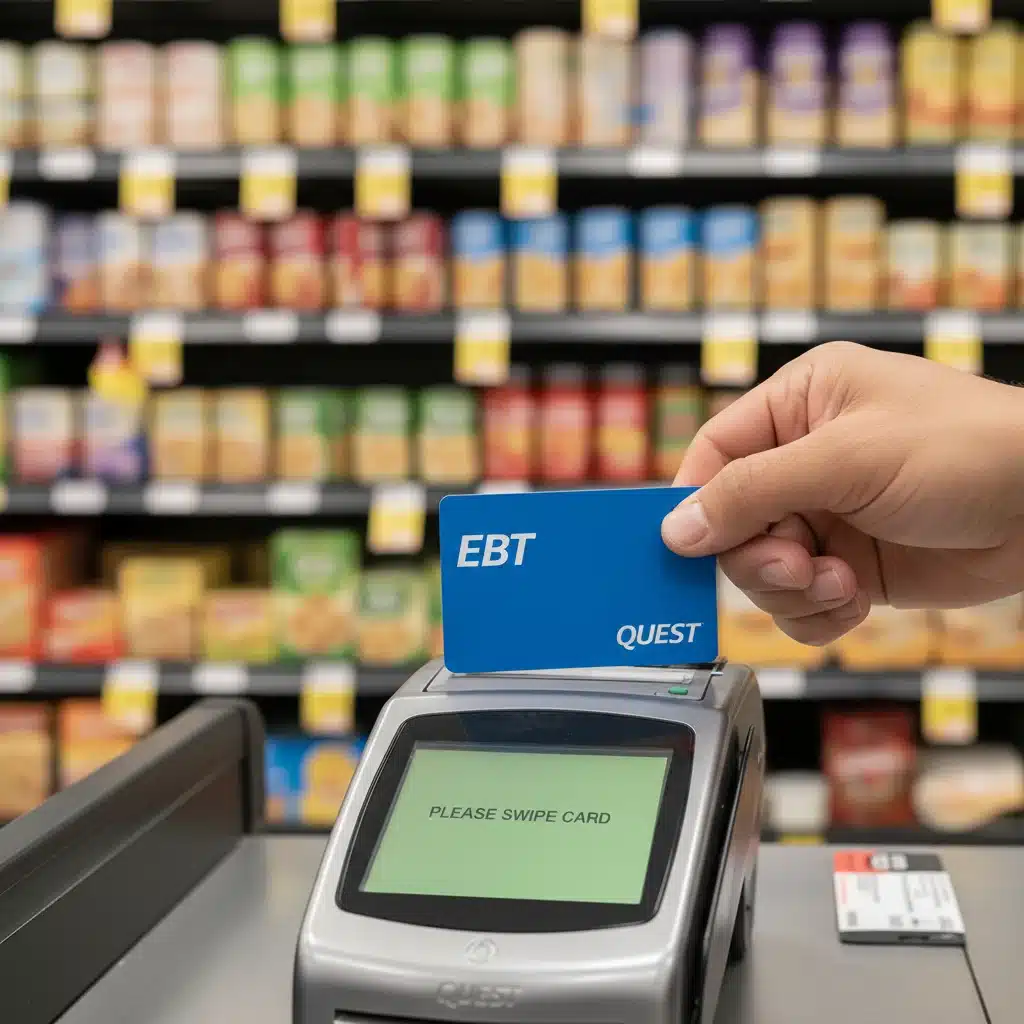 Hand holding EBT card at grocery store checkout, symbolizing benefit usage