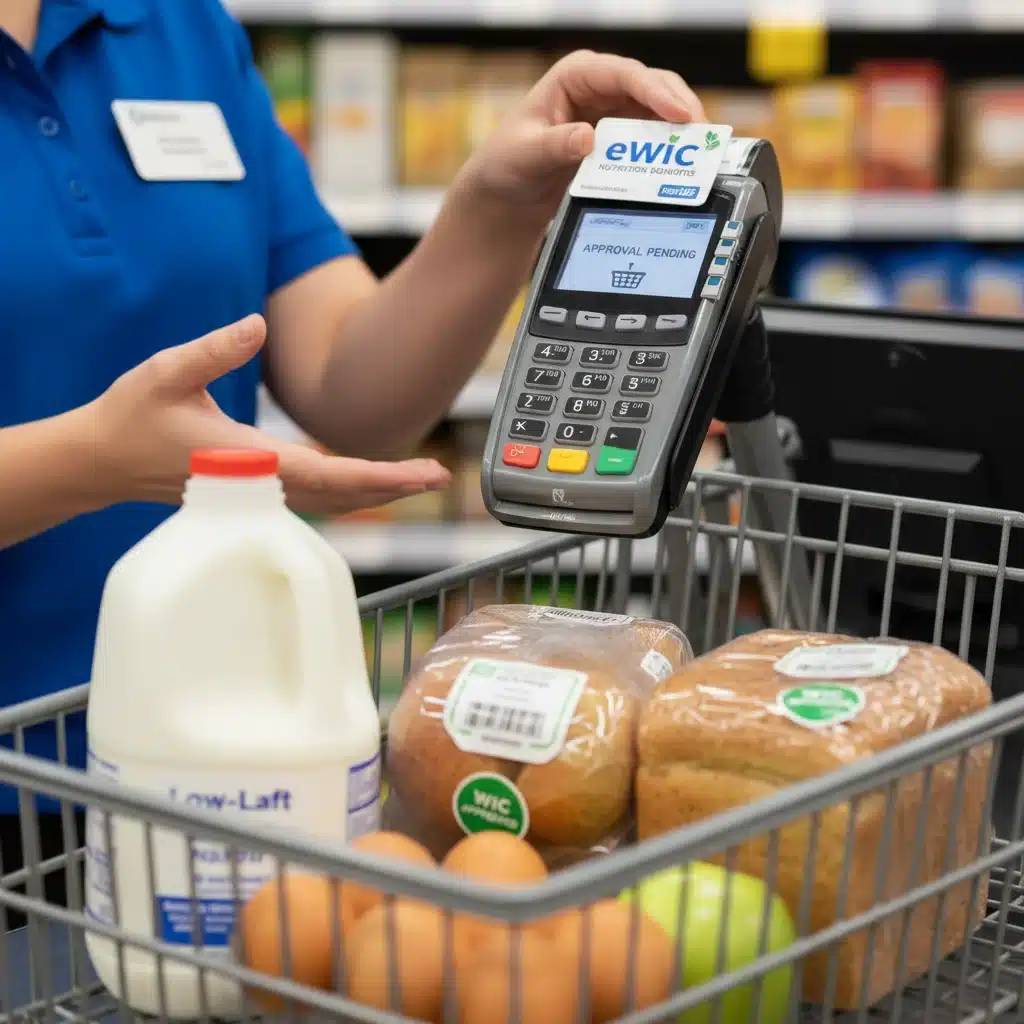 eWIC card being swiped at checkout with WIC approved healthy foods.