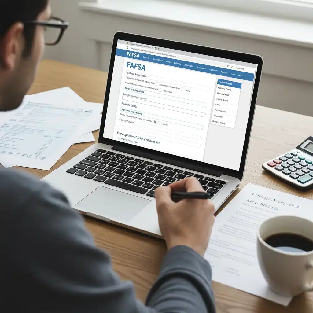 Hand filling out FAFSA application on a laptop, surrounded by financial documents.