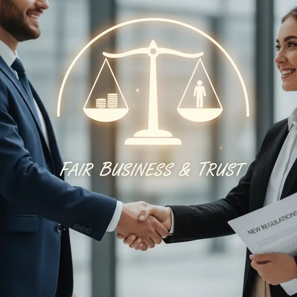 Business professional and consumer shaking hands, symbolizing fair practices and trust