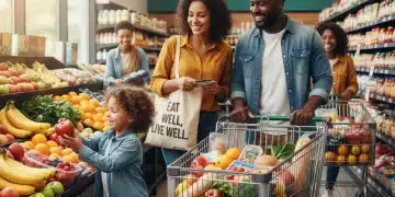 Family grocery shopping with full cart, symbolizing maximized SNAP benefits