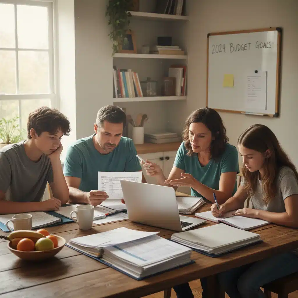 Family reviewing financial documents and laptop, discussing household budget and tax planning.