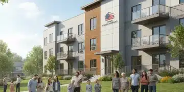 Families and seniors looking at a modern affordable housing complex, symbolizing federal housing assistance.