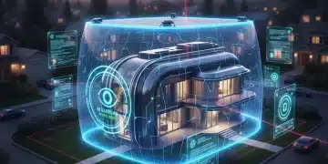 Futuristic smart home with AI security glowing digital interfaces