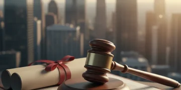 Gavel on legal documents with blurred city background, symbolizing new consumer protection laws