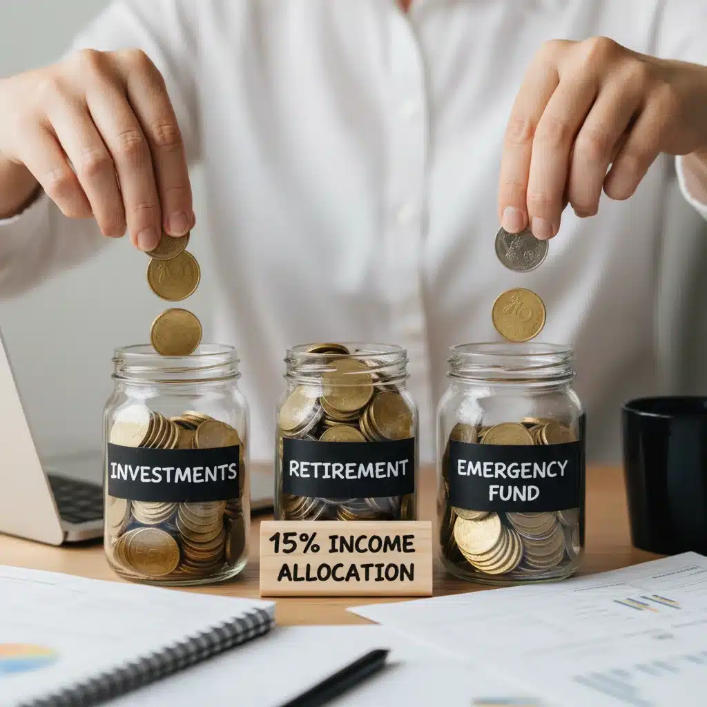 Allocating 15% income to various financial goals with coins in jars