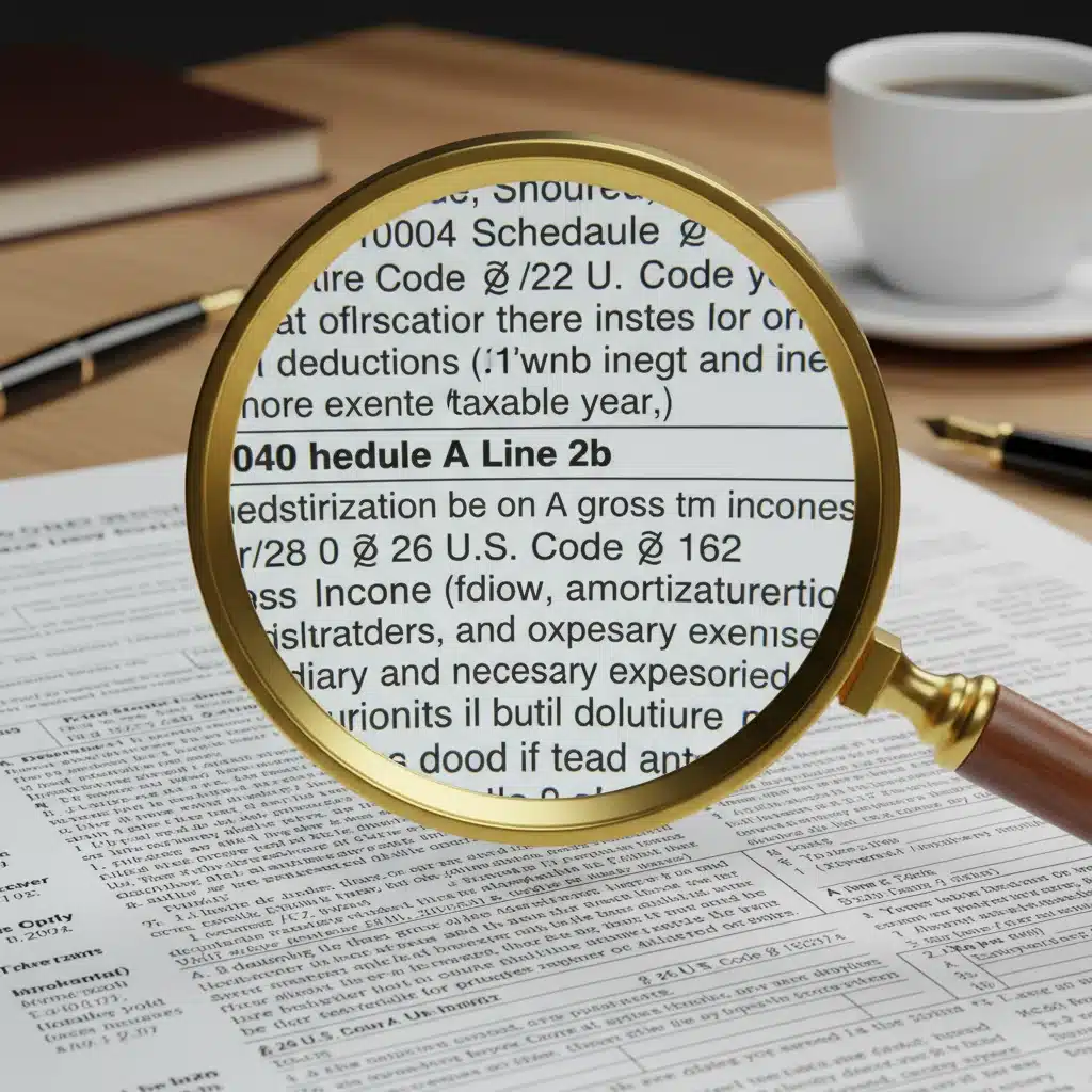 Magnifying glass over complex tax document, highlighting details of new IRS regulations.