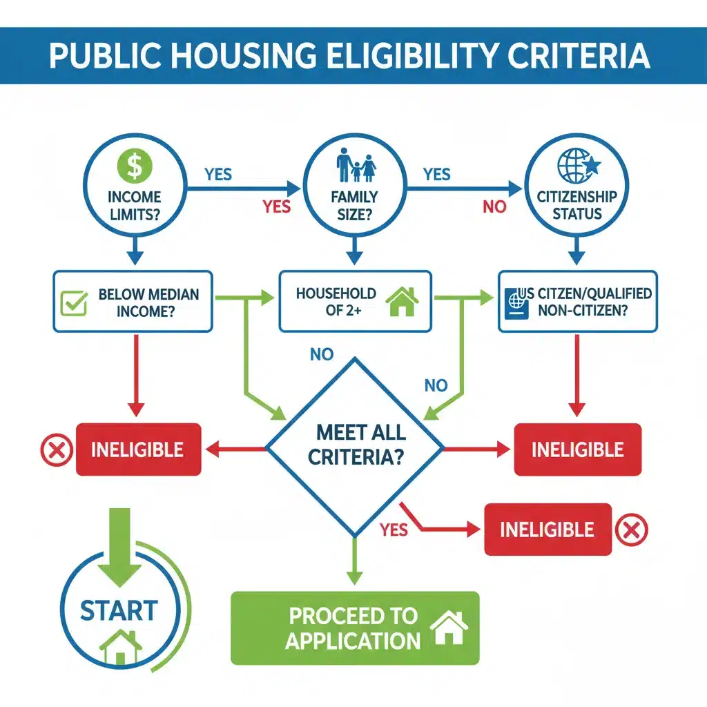 Infographic showing public housing eligibility criteria: income, family size, citizenship.