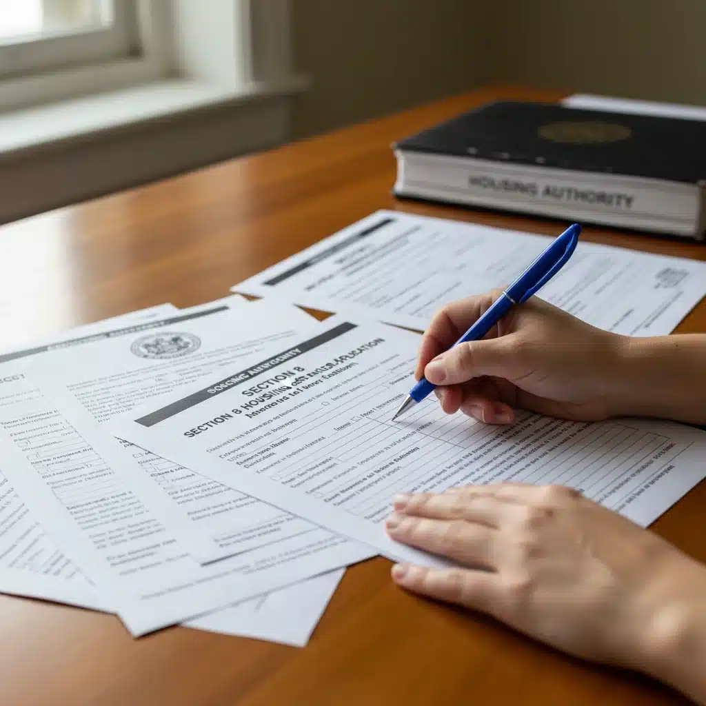 Hands filling out Section 8 housing application forms, representing the application process.
