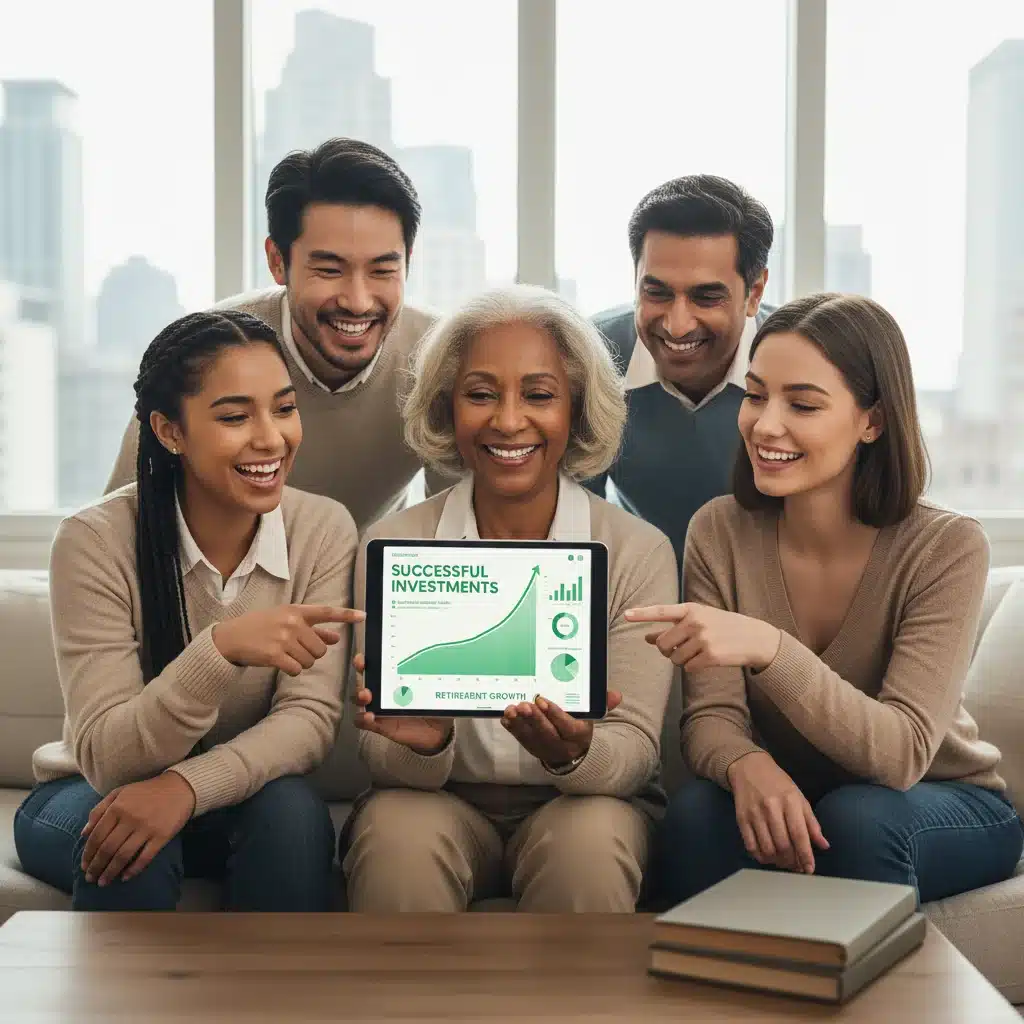 Diverse individuals confidently reviewing successful investment and retirement plans on a tablet