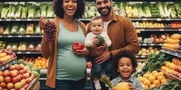 Diverse family smiling with fresh produce, representing WIC benefits and healthy eating.