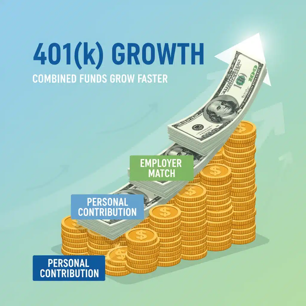Illustration of growing 401(k) funds with employer match and personal contributions