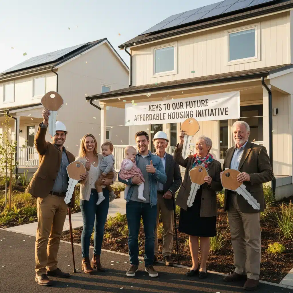 Diverse families receiving keys to new affordable homes