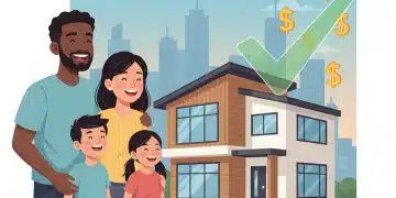 Family smiling in front of a new home with federal housing assistance symbols for 2026