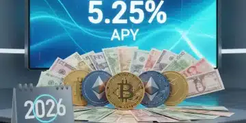 Digital display showing 5.25% APY next to stacked coins and a calendar highlighting 2026, symbolizing high-yield savings accounts.