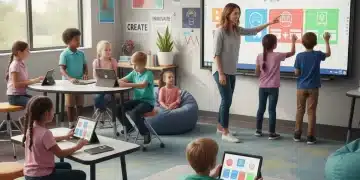 Children learning in a modern, interactive K-12 classroom setting with technology.