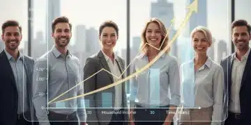 Optimistic individuals with rising economic graph representing household income growth