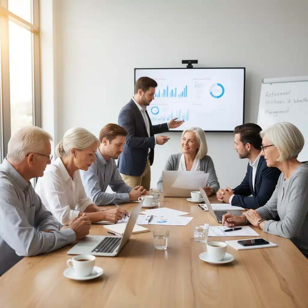 Diverse group discussing retirement planning documents with a financial advisor