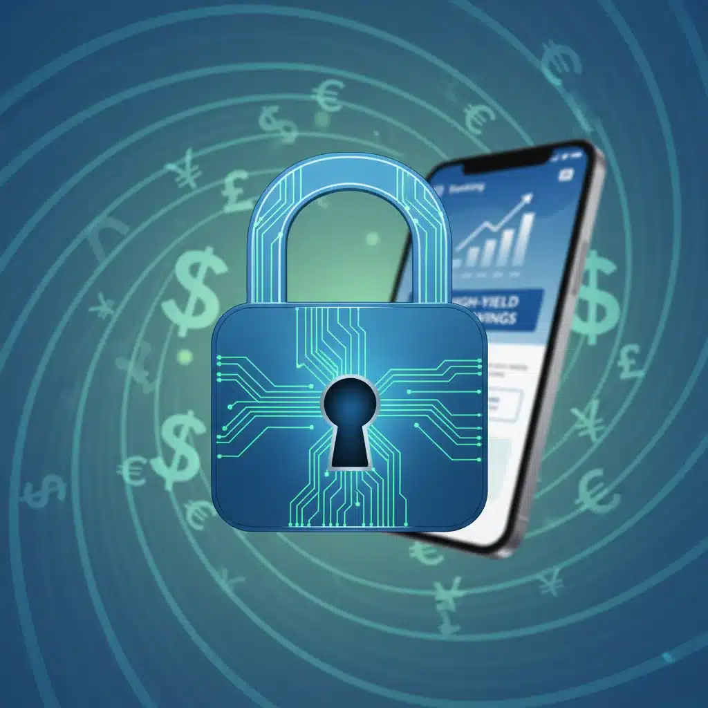 Digital padlock icon over currency symbols and a banking app on a smartphone, representing secure online high-yield savings.