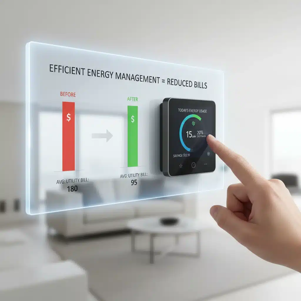 Smart thermostat showing energy savings and reduced bills