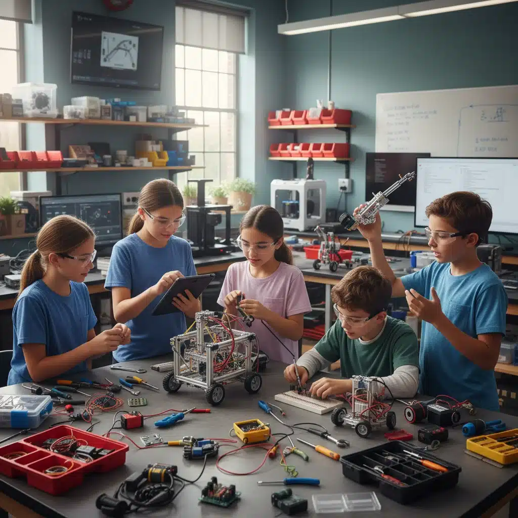 Middle school students collaborating on a robotics project in a STEM lab.